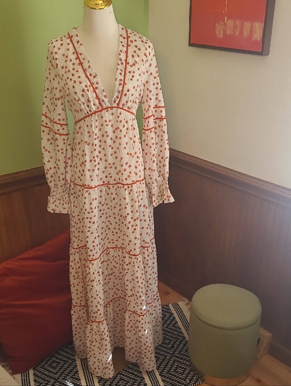 Nasty Gal Cream And Orange Floral Print Maxi Boho Dress With Velvet Piping NWT - Picture 3 of 10
